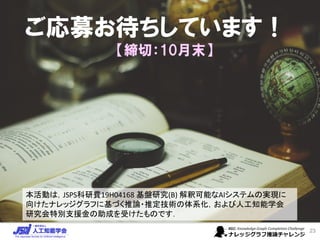 ご応募お待ちしています！
【締切：10月末】
23
本活動は，JSPS科研費19H04168 基盤研究(B) 解釈可能なAIシステムの実現に
向けたナレッジグラフに基づく推論・推定技術の体系化，および人工知能学会
研究会特別支援金の助成を受けたものです．
 