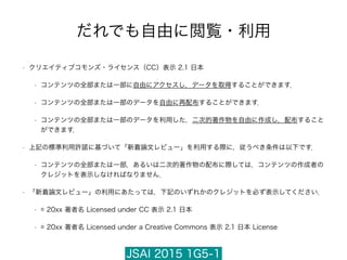 JSAI 2015 1G5-1
だれでも自由に閲覧・利用
• クリエイティブコモンズ・ライセンス（CC）表示 2.1 日本
• コンテンツの全部または一部に自由にアクセスし，データを取得することができます．
• コンテンツの全部または一部のデータを自由に再配布することができます．
• コンテンツの全部または一部のデータを利用した，二次的著作物を自由に作成し，配布すること
ができます．
• 上記の標準利用許諾に基づいて「新着論文レビュー」を利用する際に，従うべき条件は以下です．
• コンテンツの全部または一部，あるいは二次的著作物の配布に際しては，コンテンツの作成者の
クレジットを表示しなければなりません．
• 「新着論文レビュー」の利用にあたっては，下記のいずれかのクレジットを必ず表示してください．
• © 20xx 著者名 Licensed under CC 表示 2.1 日本
• © 20xx 著者名 Licensed under a Creative Commons 表示 2.1 日本 License
 