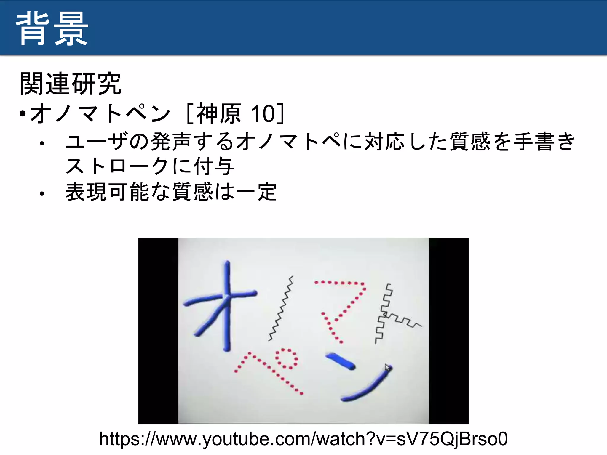 背景
関連研究
•オノマトペン［神原 10］
• ユーザの発声するオノマトペに対応した質感を手書き
ストロークに付与
• 表現可能な質感は一定
https://www.youtube.com/watch?v=sV75QjBrso0
 