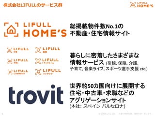 © LIFULL Co.,Ltd.   　本書の無断転載、複製を固く禁じます。  4	
総掲載物件数No.1の	
  
不動産・住宅情報サイト	
暮らしに密着したさまざまな	
  
情報サービス (引越,	
  保険,	
  介護,	
  	
  
子育て,	
  音楽ライブ,	
  スポーツ選手支援	
  etc.)	
世界約50カ国向けに展開する	
  
住宅・中古車・求職などの	
アグリゲーションサイト	
  
(本社:  スペイン  バルセロナ)
株式会社LIFULLのサービス群
 