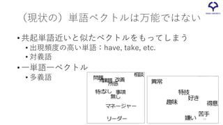 （現状の）単語ベクトルは万能ではない
•共起単語近いと似たベクトルをもってしまう
• 出現頻度の高い単語：have, take, etc.
• 対義語
•一単語一ベクトル
• 多義語
19
 