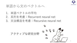 単語から文のベクトルへ
1. 単語ベクトルの平均
2. 系列を考慮：Recurrent neural net
3. 文法構造を考慮：Recursive neural net
アクティブな研究分野
25
 