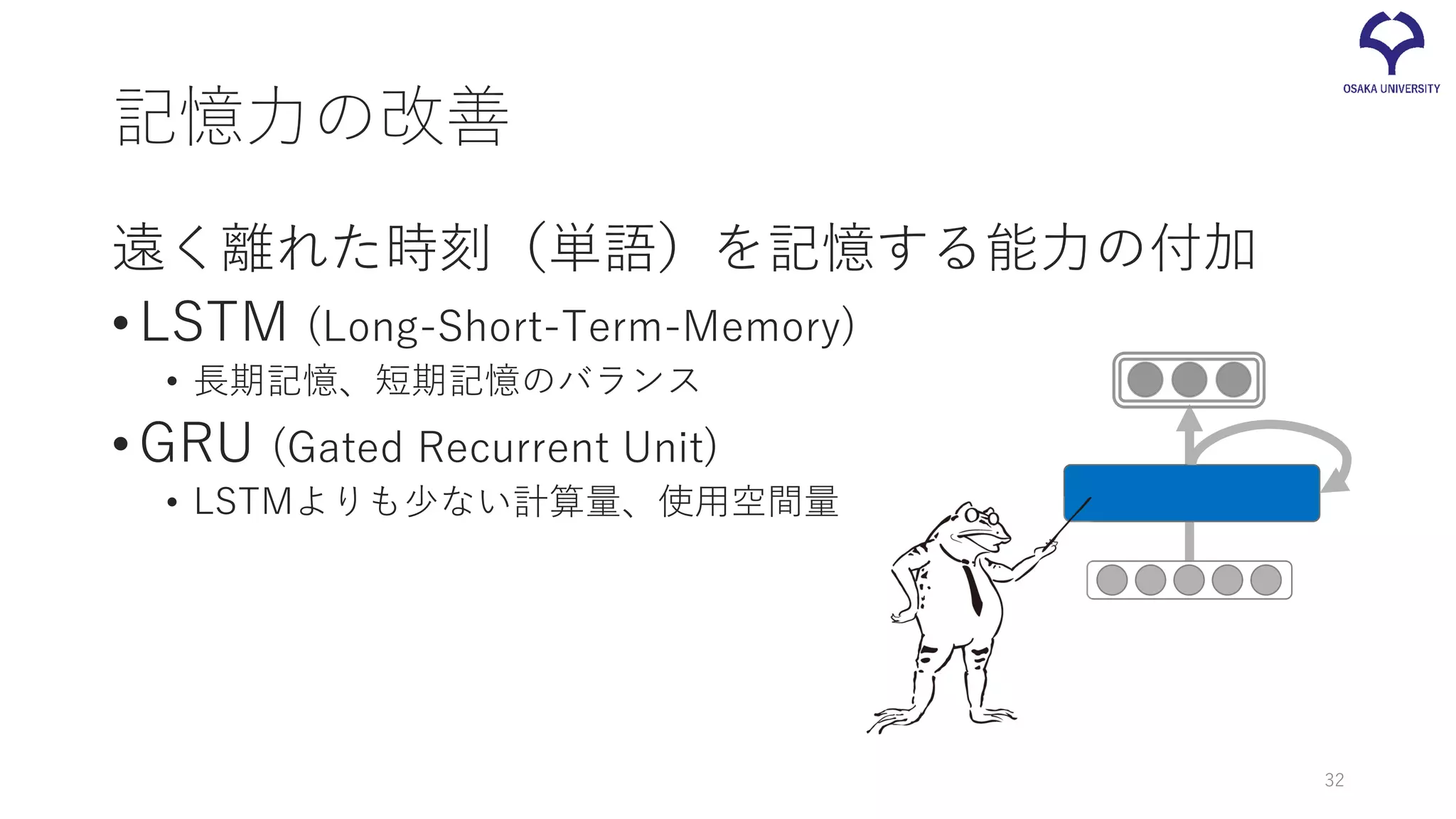 記憶力の改善
遠く離れた時刻（単語）を記憶する能力の付加
•LSTM (Long-Short-Term-Memory)
• 長期記憶、短期記憶のバランス
•GRU (Gated Recurrent Unit)
• LSTMよりも少ない計算量、使用空間量
32
 