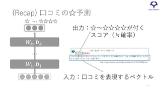 (Recap) 口コミの☆予測
入力：口コミを表現するベクトル
出力：☆～☆☆☆☆が付く
スコア（≒確率）
☆ ☆☆☆☆…
http://www.cosme.net/product/product_id/10142888/top
𝑊𝑊1, 𝒃𝒃1
𝑊𝑊𝑘𝑘, 𝒃𝒃𝑘𝑘
…
44
 