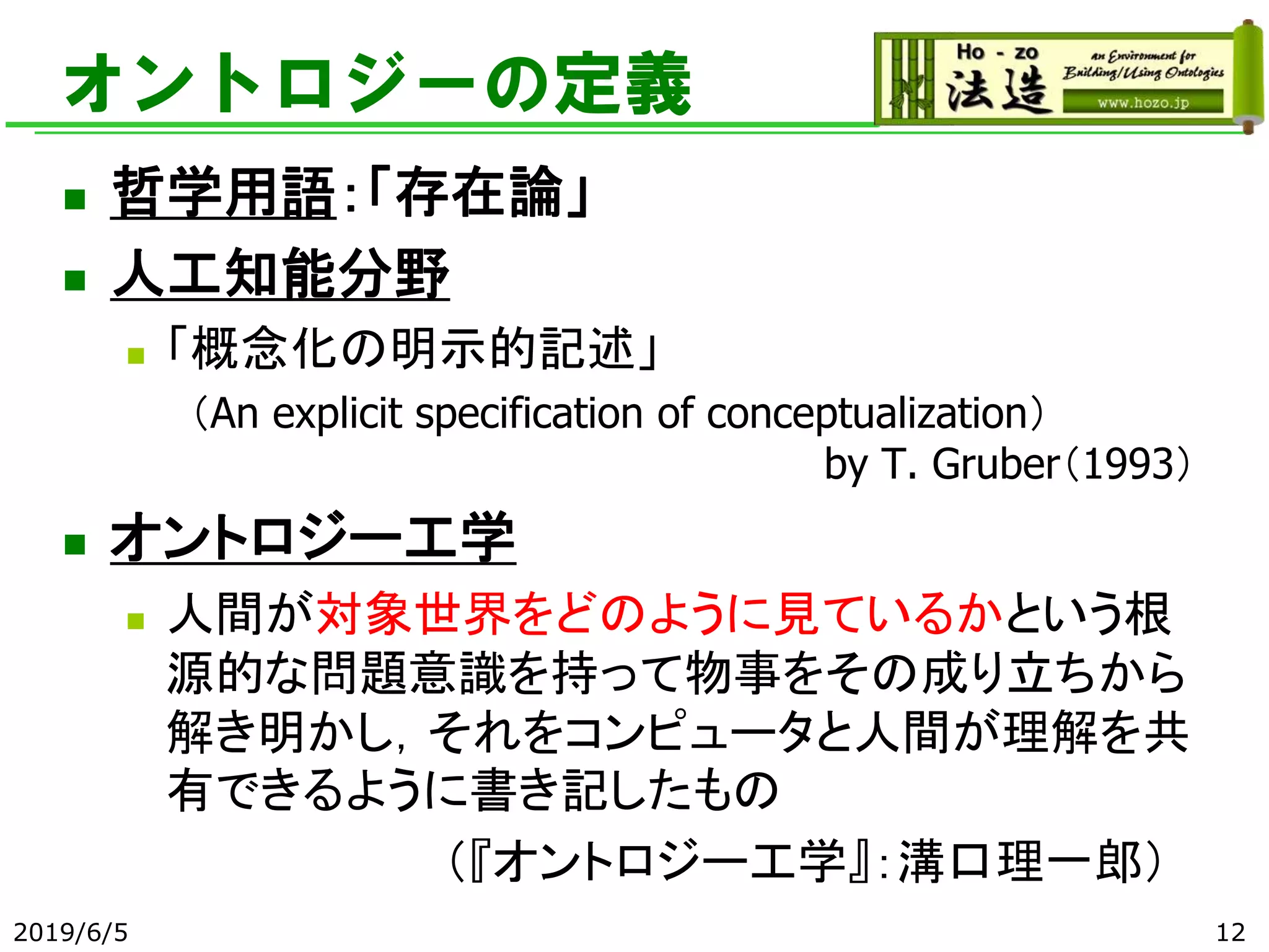 オントロジーの定義
◼ 哲学用語：「存在論」
◼ 人工知能分野
◼ 「概念化の明示的記述」
（An explicit specification of conceptualization）
by T. Gruber（1993）
◼ オントロジー工学
◼ 人間が対象世界をどのように見ているかという根
源的な問題意識を持って物事をその成り立ちから
解き明かし，それをコンピュータと人間が理解を共
有できるように書き記したもの
（『オントロジー工学』：溝口理一郎）
2019/6/5 12
 