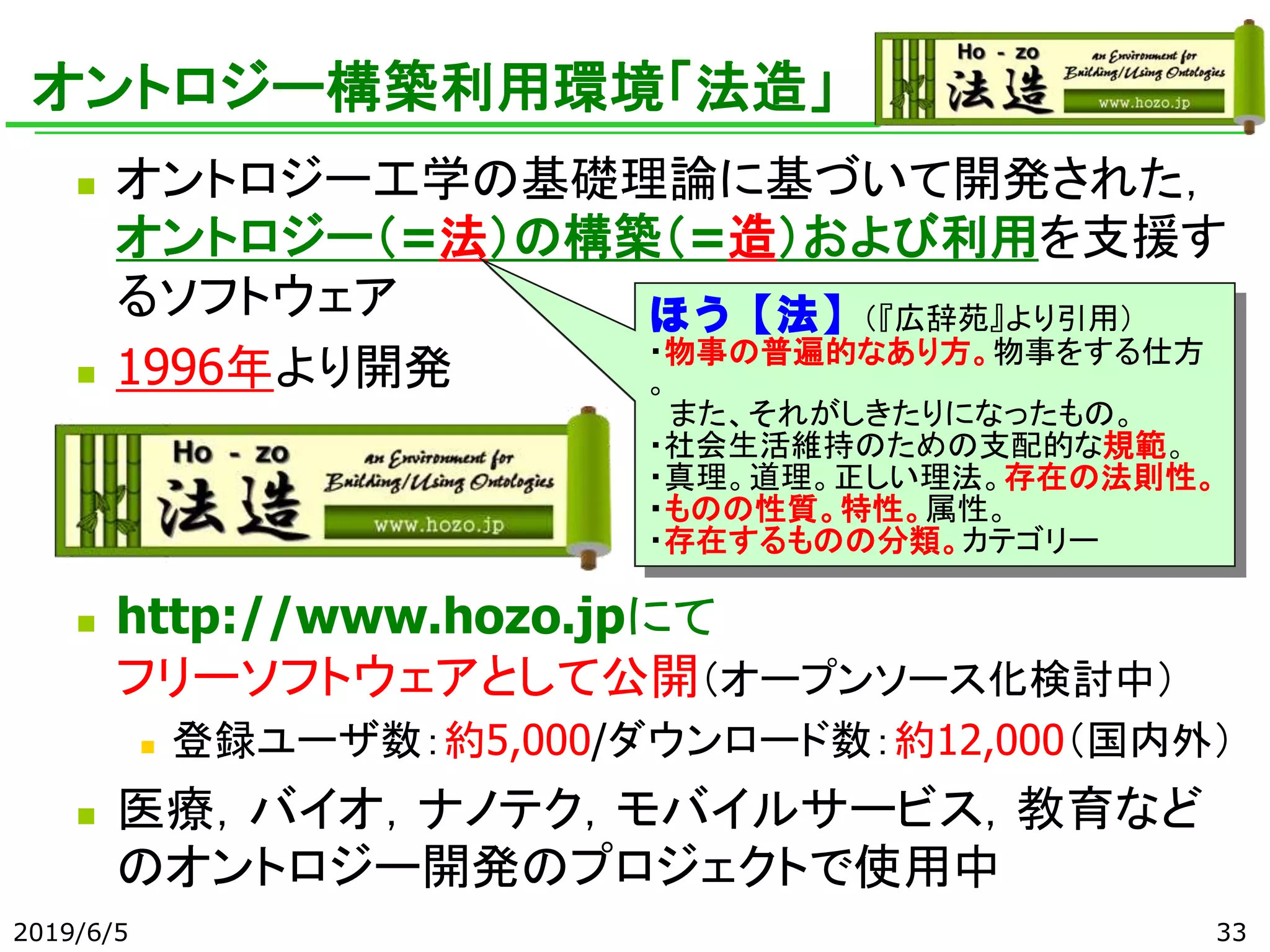 オントロジー構築利用環境「法造」
◼ オントロジー工学の基礎理論に基づいて開発された，
オントロジー（=法）の構築（=造）および利用を支援す
るソフトウェア
◼ 1996年より開発
◼ http://www.hozo.jpにて
フリーソフトウェアとして公開（オープンソース化検討中）
◼ 登録ユーザ数：約5,000/ダウンロード数：約12,000（国内外）
◼ 医療，バイオ，ナノテク，モバイルサービス，教育など
のオントロジー開発のプロジェクトで使用中
2019/6/5 33
ほう【法】（『広辞苑』より引用）
・物事の普遍的なあり方。物事をする仕方
。
また、それがしきたりになったもの。
・社会生活維持のための支配的な規範。
・真理。道理。正しい理法。存在の法則性。
・ものの性質。特性。属性。
・存在するものの分類。カテゴリー
 