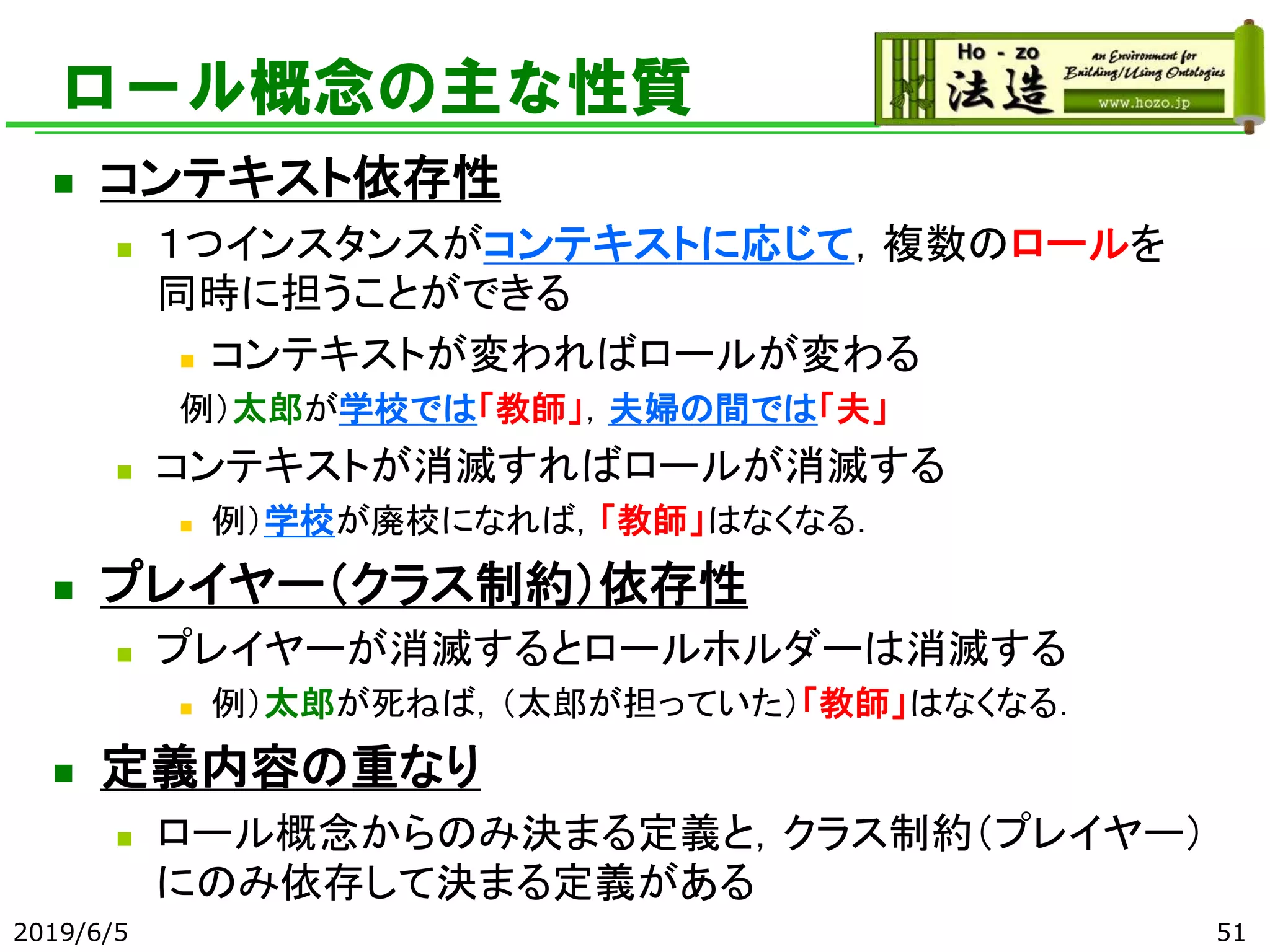 ロール概念の主な性質
◼ コンテキスト依存性
◼ １つインスタンスがコンテキストに応じて，複数のロールを
同時に担うことができる
◼ コンテキストが変わればロールが変わる
例）太郎が学校では「教師」，夫婦の間では「夫」
◼ コンテキストが消滅すればロールが消滅する
◼ 例）学校が廃校になれば，「教師」はなくなる．
◼ プレイヤー（クラス制約）依存性
◼ プレイヤーが消滅するとロールホルダーは消滅する
◼ 例）太郎が死ねば，（太郎が担っていた）「教師」はなくなる．
◼ 定義内容の重なり
◼ ロール概念からのみ決まる定義と，クラス制約（プレイヤー）
にのみ依存して決まる定義がある
2019/6/5 51
 