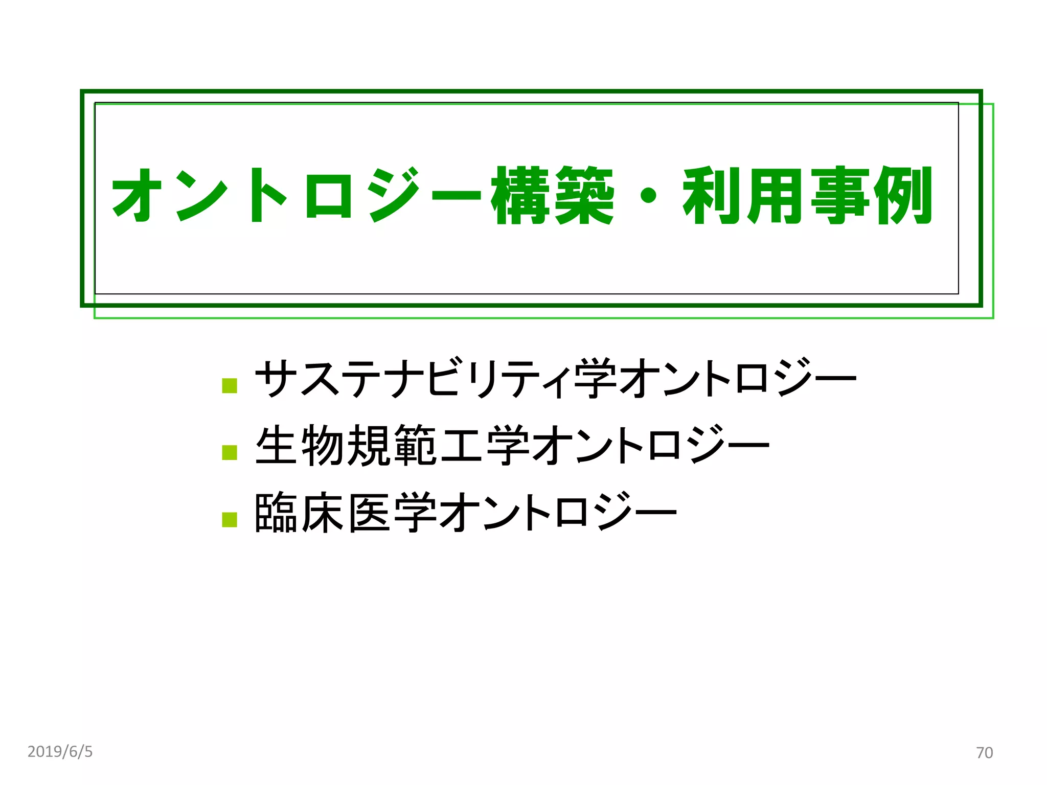 オントロジー構築・利用事例
◼ サステナビリティ学オントロジー
◼ 生物規範工学オントロジー
◼ 臨床医学オントロジー
2019/6/5 70
 