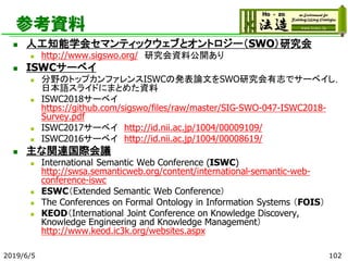 参考資料
◼ 人工知能学会セマンティックウェブとオントロジー（SWO）研究会
◼ http://www.sigswo.org/ 研究会資料公開あり
◼ ISWCサーベイ
◼ 分野のトップカンファレンスISWCの発表論文をSWO研究会有志でサーベイし，
日本語スライドにまとめた資料
◼ ISWC2018サーベイ
https://github.com/sigswo/files/raw/master/SIG-SWO-047-ISWC2018-
Survey.pdf
◼ ISWC2017サーベイ http://id.nii.ac.jp/1004/00009109/
◼ ISWC2016サーベイ http://id.nii.ac.jp/1004/00008619/
◼ 主な関連国際会議
◼ International Semantic Web Conference (ISWC)
http://swsa.semanticweb.org/content/international-semantic-web-
conference-iswc
◼ ESWC（Extended Semantic Web Conference）
◼ The Conferences on Formal Ontology in Information Systems （FOIS）
◼ KEOD（International Joint Conference on Knowledge Discovery,
Knowledge Engineering and Knowledge Management）
http://www.keod.ic3k.org/websites.aspx
2019/6/5 102
 