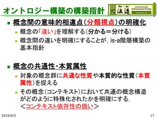 オントロジー構築の構築指針
◼ 概念間の意味的相違点（分類視点）の明確化
◼ 概念の「違い」を理解する（分かる＝分ける）
◼ 概念間の違いを明確にすることが，is-a階層構築の
基本指針
◼ 概念の共通性・本質属性
◼ 対象の概念群に共通な性質や本質的な性質（本質
属性）を捉える
◼ その概念（コンテキスト）において共通の概念構造
がどのように特殊化されたかを明確にする．
＜コンテキスト依存性の扱い＞
2019/6/5 17
 