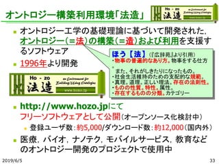 オントロジー構築利用環境「法造」
◼ オントロジー工学の基礎理論に基づいて開発された，
オントロジー（=法）の構築（=造）および利用を支援す
るソフトウェア
◼ 1996年より開発
◼ http://www.hozo.jpにて
フリーソフトウェアとして公開（オープンソース化検討中）
◼ 登録ユーザ数：約5,000/ダウンロード数：約12,000（国内外）
◼ 医療，バイオ，ナノテク，モバイルサービス，教育など
のオントロジー開発のプロジェクトで使用中
2019/6/5 33
ほう【法】（『広辞苑』より引用）
・物事の普遍的なあり方。物事をする仕方
。
また、それがしきたりになったもの。
・社会生活維持のための支配的な規範。
・真理。道理。正しい理法。存在の法則性。
・ものの性質。特性。属性。
・存在するものの分類。カテゴリー
 