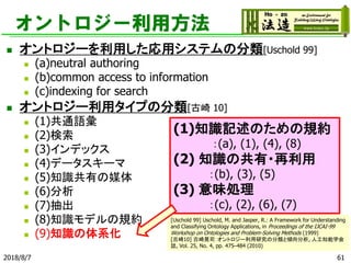 オントロジー利用方法
◼ オントロジーを利用した応用システムの分類[Uschold 99]
◼ (a)neutral authoring
◼ (b)common access to information
◼ (c)indexing for search
◼ オントロジー利用タイプの分類[古崎 10]
◼ (1)共通語彙
◼ (2)検索
◼ (3)インデックス
◼ (4)データスキーマ
◼ (5)知識共有の媒体
◼ (6)分析
◼ (7)抽出
◼ (8)知識モデルの規約
◼ (9)知識の体系化
2018/8/7 61
[Uschold 99] Uschold, M. and Jasper, R.: A Framework for Understanding
and Classifying Ontology Applications, in Proceedings of the IJCAI-99
Workshop on Ontologies and Problem-Solving Methods (1999)
[古崎10] 古崎晃司：オントロジー利用研究の分類と傾向分析, 人工知能学会
誌, Vol. 25, No. 4, pp. 475–484 (2010)
(1)知識記述のための規約
：(a), (1), (4), (8)
(2) 知識の共有・再利用
：(b), (3), (5)
(3) 意味処理
：(c), (2), (6), (7)
 