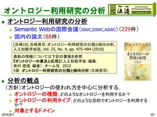 オントロジー利用研究の分析
2018/8/7 69
◼ オントロジー利用研究の分析
◼ Semantic Webの国際会議（ISWC,ESWC,ASWC）（229件）
◼ 国内の論文（88件）
◼ 分析の観点
（方針）オントロジーの使われ方を中心に分析する．
◼ オントロジーの種類：どのようなオントロジーを利用するか？
◼ オントロジーの利用タイプ：どのような目的でオントロジーを利用する
か？
◼ 対象とするドメイン
最新の情報については下記の書籍を参照
『オントロジーの普及と応用』（人工知能学会：編集，
來村 徳信：編著），オーム社，2012
5章 オントロジー利用研究の分類と傾向分析（古崎晃司）
[古崎10] 古崎晃司：オントロジー利用研究の分類と傾向分析,
人工知能学会誌, Vol. 25, No. 4, pp. 475–484 (2010)
 