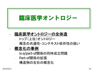 臨床医学オントロジー
• 臨床医学オントロジーの全体造
- トップ（上位）オントロジー
- 概念の共通性・コンテキスト依存性の扱い
• 概念化の事例
- is-a/part-of関係の同時成立問題
- Part-of関係の拡張
- 構造物の左右の概念化
2019/6/5 79
 