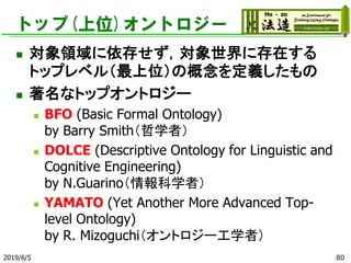 トップ(上位)オントロジー
◼ 対象領域に依存せず，対象世界に存在する
トップレベル（最上位）の概念を定義したもの
◼ 著名なトップオントロジー
◼ BFO (Basic Formal Ontology)
by Barry Smith（哲学者）
◼ DOLCE (Descriptive Ontology for Linguistic and
Cognitive Engineering)
by N.Guarino（情報科学者）
◼ YAMATO (Yet Another More Advanced Top-
level Ontology)
by R. Mizoguchi（オントロジー工学者）
2019/6/5 80
 