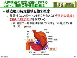 人体構造の概念定義における
part-of関係の多様性問題②
◼ 構造物の特定領域を指す概念
◼ 部品性（コンポーネント性）を有さない「特定の領域」
を指した概念化がされている．
◼ 例）胃壁の一部の領域を指して「大弯」，「小弯」などと呼
ばれる．
大弯
小弯
2019/6/5 94
 