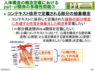 人体構造の概念定義における
part-of関係の多様性問題③
◼ コンテキスト依存で定義される部分の抽象概念
◼ コンテキストに依存して定義された複数の部分構造
に共通する性質を抽象化した概念を定義したい
（＝部分構造間のis-a関係を定義したい）
◼ 例）心臓（コンテキスト）において，心房を構成する壁状構
造物（心房壁）と心室を構成する壁状構造物（心室壁）
を抽象化した「心臓壁」を定義したい．
心房の壁
心室の壁 「心臓の壁」
としての共通
の構造を持つ
2019/6/5 96
 