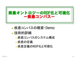疾患オントロジーのRDF化と可視化
ー疾患コンパスー
◼ 疾患コンパスの概要・Demo
◼ 技術的詳細
◼ 疾患コンパスのシステム構成
◼ 疾患の定義
◼ 疾患定義のRDF化と可視化
2019/6/5 113
 