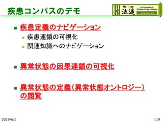 疾患コンパスのデモ
◼ 疾患定義のナビゲーション
◼ 疾患連鎖の可視化
◼ 関連知識へのナビゲーション
◼ 異常状態の因果連鎖の可視化
◼ 異常状態の定義（異常状態オントロジー）
の閲覧
2019/6/5 119
 