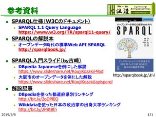 参考資料
◼ SPARQL仕様（W3Cのドキュメント）
◼ SPARQL 1.1 Query Language
https://www.w3.org/TR/sparql11-query/
◼ SPARQLの解説本
◼ オープンデータ時代の標準Web API SPARQL
http://sparqlbook.jp/
◼ SPARQL入門スライド（ｂｙ古崎）
◼ DBpedia Japaneseを例にした解説
https://www.slideshare.net/KoujiKozaki/4lod
◼ 大阪市のオープンデータを例にした解説
https://www.slideshare.net/KoujiKozaki/apisparql
◼ 解説記事
◼ DBpediaを使った都道府県別ランキング
http://bit.ly/2oDPl0Q
◼ Wikidataを使った日本の政治家の出身大学ランキング
http://bit.ly/2PBt8fn
2019/6/5 131
http://sparqlbook.jp/より
 