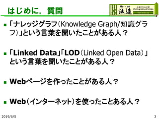 はじめに，質問
◼ 「ナレッジグラフ（Knowledge Graph/知識グラ
フ）」という言葉を聞いたことがある人？
◼ 「Linked Data」「LOD（Linked Open Data）」
という言葉を聞いたことがある人？
◼ Webページを作ったことがある人？
◼ Web（インターネット）を使ったことある人？
2019/6/5 3
 