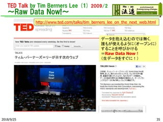 TED Talk by Tim Berrners Lee (1) 2009/2
～Raw Data Now!～
http://www.ted.com/talks/tim_berners_lee_on_the_next_web.html
データを抱え込むのでは無く，
誰もが使えるように（オープンに）
することを呼びかける
＝Raw Data Now！
（生データをすぐに！）
352018/9/25
 