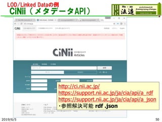 LOD/Linked Dataの例
CiNii（メタデータAPI）
2019/6/5 50
http://ci.nii.ac.jp/
https://support.nii.ac.jp/ja/cia/api/a_rdf
https://support.nii.ac.jp/ja/cia/api/a_json
・参照解決可能 rdf .json
 