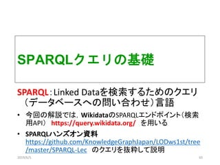 SPARQLクエリの基礎
SPARQL：Linked Dataを検索するためのクエリ
（データベースへの問い合わせ）言語
• 今回の解説では，WikidataのSPARQLエンドポイント（検索
用API） https://query.wikidata.org/ を用いる
• SPARQLハンズオン資料
https://github.com/KnowledgeGraphJapan/LODws1st/tree
/master/SPARQL-Lec のクエリを抜粋して説明
652019/6/5
 