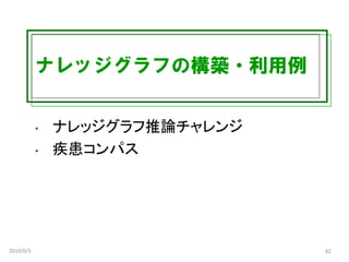 ナレッジグラフの構築・利用例
• ナレッジグラフ推論チャレンジ
• 疾患コンパス
2019/6/5 82
 