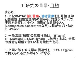 1. 研究の背景・目的
まとめ：
1) 上記の4つの話し言葉と書き言葉を記号論理学
と関連性理論(言語学)の側から，対話システムで
実現を考察してゆくと，国際的な言語タスク
(CommonGen, ConceptNetなど)に繋がっているか
もしれない．
2) 一般常識(知識)の常識推論は，「IF(state)-
THEN(action)-BECAUSE(goal))」に該当すれば，含意
や推意を理解できている可能性がある．
3) 上司と部下や夫婦の関連性を，BECAUSE(goal)
で捉えられるかがポイントになる．
17
 