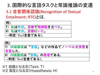 3. 国際的な言語タスクと常識推論の変遷
3.1 含意関係認識(Recognition of Textual
Entailment; RTE)とは，
28
※1 前提となる文(Text; T)
※2 仮定となる文(Hypothesis; H)
例1
T: 私は昨日、京都で晩御飯を食べた。
H: 私は昨日、京都にいた。
→判定: Yes(含意である)．
例2
T: 川端康成は「雪国」などの作品でノーベル文学賞を
受賞した．
H: 川端康成は「雪国」の著者である．
→判定: Yes(含意である)．
 