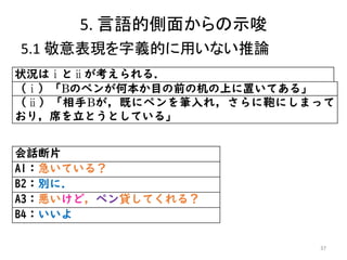 5. 言語的側面からの示唆
5.1 敬意表現を字義的に用いない推論
37
状況はⅰとⅱが考えられる．
（ⅰ）「Bのペンが何本か目の前の机の上に置いてある」
（ⅱ）「相手Bが，既にペンを筆入れ，さらに鞄にしまって
おり，席を立とうとしている」
会話断片
A1：急いている？
B2：別に．
A3：悪いけど，ペン貸してくれる？
B4：いいよ
 