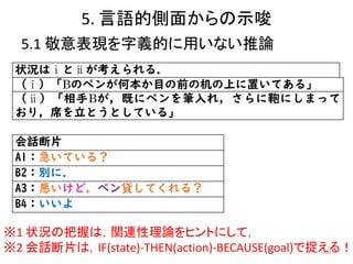 5. 言語的側面からの示唆
5.1 敬意表現を字義的に用いない推論
39
状況はⅰとⅱが考えられる．
（ⅰ）「Bのペンが何本か目の前の机の上に置いてある」
（ⅱ）「相手Bが，既にペンを筆入れ，さらに鞄にしまって
おり，席を立とうとしている」
会話断片
A1：急いている？
B2：別に．
A3：悪いけど，ペン貸してくれる？
B4：いいよ
※1 状況の把握は，関連性理論をヒントにして，
※2 会話断片は，IF(state)-THEN(action)-BECAUSE(goal)で捉える！
 