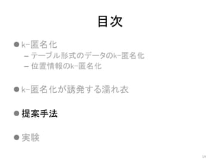 目次
 k-匿名化
– テーブル形式のデータのk-匿名化
– 位置情報のk-匿名化
 k-匿名化が誘発する濡れ衣
 提案手法
 実験
14
 