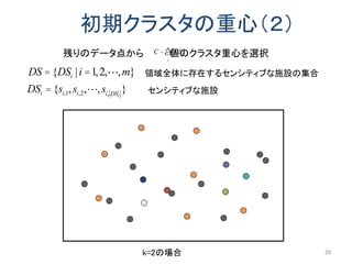 初期クラスタの重心（２）
残りのデータ点から 個のクラスタ重心を選択C - DSi
i
å
k=2の場合
DS ={DSi |i =1,2, ,m} 領域全体に存在するセンシティブな施設の集合
DSi = {si,1,si,2, ,si, DSi
} センシティブな施設
20
 
