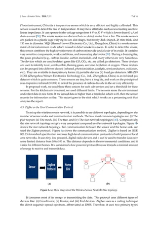 J. Sens. Actuator Netw. 2018, 7, 11 7 of 16
(Texas instrument, China) is a temperature sensor which is very efﬁcient and highly calibrated. This
sensor is used to detect the rise in temperature. It may have attributes such as less heating and low
linear impedance. It can operate in the voltage range from 4 V to 30 V which is lower than 60 µA of
drain current [38]. The smoke sensors are devices that can detect smoke from a ﬁre. The smoke sensors
are packed in a plastic cage varying in size and shape, but mostly disk-shaped, 25 mm thick, and
150 mm in diameter. MQ9 (Henan Hanwei Electronics Co., Ltd., Zhengzhou, China) is a smoke sensor
made of microaluminum oxide which is used to detect smoke in a room. In order to detect the smoke,
this sensor combines the high sensitiveness of carbon monoxide and a layer of in oxide. It contains
very sensitive components, work conditions, and measuring electrodes [39]. During a burning ﬁre,
the gases produced (e.g., carbon dioxide, carbon monoxide, and many others) are very hazardous.
The devices which are used to detect gases like CO, CO2, etc. are called gas detectors. These devices
are used to identify toxic, combustible, ﬂaming gases, and also depletion of oxygen. These devices
can be grouped into different classes (infrared, photoionization, catalytic, semiconductors, oxidation,
etc.). They are available in two primary forms: (i) portable devices (ii) ﬁxed gas detectors. MH-Z19
NDIR (Zhengzhou Winsen Electronics Technology Co., Ltd., Zhengzhou, China) is an infrared gas
detector which is quite common. These sensors are tiny, have a long life, and work on the principle of
non-dispersive infrared (NDIR) to detect the presence of carbon-dioxide in the air very efﬁciently.
In proposed work, we used these three sensors for each sub-portion and set a threshold for these
sensors. For the kitchen environment, we used different limits. The sensors sense the environment
and collect data in raw form. If the sensed data is higher than a threshold, which is δS, then the sensor
reports the information as ﬁre. This report goes to the sink which works as a processing unit that
analyzes the report.
4.3. ZigBee as the Used Communication Protocol
To set up the wireless sensor network, it is possible to use different topologies, depending on the
number of sensor nodes and communication methods. The four most common topologies are: (i) The
peer to peer, (ii) The mesh, (iii) The tree, and (iv) The star network topologies [40]. Comparatively,
the star network topology setup is very competent compared to other network topologies. Figure 6b
shows the star network topology. For communication between the sensor and the home sink, we
used the Zigbee protocol. Figure 6a shows the communication method. ZigBee is based on IEEE
802.15.4 standard speciﬁcation and uses high-level communication protocols to build personal local
area networks. It uses tiny, low powered, digital radio devices and it can be used to transfer data over
some limited distance from 10 to 100 m. This distance depends on the environmental conditions, and it
varies for different homes. It is considered a low-powered protocol because it needs a minimal amount
of energy to receive and transmit data.J. Sens. Actuator Netw. 2018, 7, x FOR PEER REVIEW 8 of 16
(a) (b)
Figure 6. (a) Flow diagram of the Wireless Sensor Node (b) Star topology.
It consumes most of its energy in transmitting the data. This protocol uses different types of
devices like: (i) Coordinator, (ii) Router, and (iii) End devices. ZigBee uses as a coding technique the
direct sequence spread spectrum, abbreviated as DSSS. Therefore, it uses two primary types of
communication modes, i.e., (i) Beacon-enabled and (ii) Non-beacon enabled. The outlines of the
beacon-enabled and non-beacon-enabled communication are shown in Figure 7a,b [41]. In
beacon-enabled communication, the beacon frames or beacon packets are broadcast periodically by
the PAN coordinator [41]. In non-beacon-enabled communication, the PAN coordinator broadcast
the beacon packets randomly. When the sensors are in the inactive state or do not send the data, this
Figure 6. (a) Flow diagram of the Wireless Sensor Node (b) Star topology.
It consumes most of its energy in transmitting the data. This protocol uses different types of
devices like: (i) Coordinator; (ii) Router; and (iii) End devices. ZigBee uses as a coding technique
the direct sequence spread spectrum, abbreviated as DSSS. Therefore, it uses two primary types
 