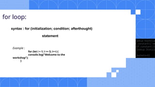 for loop:
syntax : for (initialization; condition; afterthought)
statement
Example :
for (let i = 1; i >= 5; i++) {
console.log(“Welcome to the
workshop”);
}
 