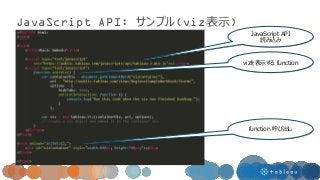 JavaScript API: サンプル(viz表示)
JavaScript API
読み込み
vizを表示する function
function 呼び出し
 