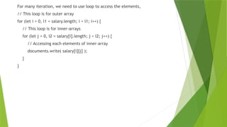 For many iteration, we need to use loop to access the elements,
// This loop is for outer array
for (let i = 0, l1 = salary.length; i < l1; i++) {
// This loop is for inner-arrays
for (let j = 0, l2 = salary[i].length; j < l2; j++) {
// Accessing each elements of inner-array
documents.write( salary[i][j] );
}
}
 