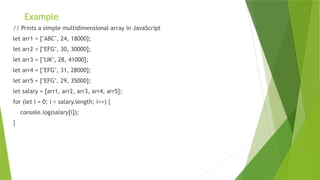 Example
// Prints a simple multidimensional array in JavaScript
let arr1 = ["ABC", 24, 18000];
let arr2 = ["EFG", 30, 30000];
let arr3 = ["IJK", 28, 41000];
let arr4 = ["EFG", 31, 28000];
let arr5 = ["EFG", 29, 35000];
let salary = [arr1, arr2, arr3, arr4, arr5];
for (let i = 0; i < salary.length; i++) {
console.log(salary[i]);
}
 