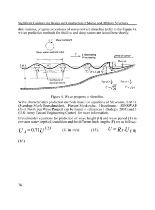 Significant Guidance for Design and Construction of Marine and Offshore Structures

distributions, progress procedures of waves toward shoreline (refer to the Figure 4),
waves prediction methods for shallow and deep waters are issued here shortly.

Figure 4. Wave progress to shoreline.
Wave characteristics prediction methods based on equations of Stevenson, S.M.B.
(Sverdrup-Munk-Bretschneider), Pierson-Moskowitz, Hasselmann, JONSWAP
(Joint North Sea Wave Project) can be found in references 1 (Sadeghi 2001) and 3
(U.S. Army Coastal Engineering Center) for more information.
Bretschneider equations for prediction of wave height (H) and wave period (T) in
constant water depth (d) condition and for different fetch lengths (F) are as follows:

U A = 0.71U
(16)

76

1.23

(U in m/s)

(15),

U = RT .U (10)

 