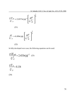K. Sadeghi, GAU J. Soc. & Appl. Sci., 4(7), 67-92, 2008

gTm

UA

= 2.857 x 10

1
3



gF 
U 2 
 A 

−1 

(21)

gt

UA

2
3


gF 
= 6.88x 10 
U 2 
 A 
(22)

In fully developed wave case, the following equations can be used:

g H m0
2
UA

gT m

UA

= 2.433x 10−1

(23)

= 8.134

(24)

79

 