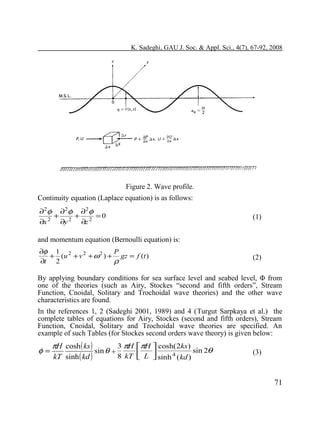 K. Sadeghi, GAU J. Soc. & Appl. Sci., 4(7), 67-92, 2008

Figure 2. Wave profile.
Continuity equation (Laplace equation) is as follows:
∂2φ
∂x 2

+

∂2φ
∂y 2

+

∂2φ
∂z 2

=0

(1)

and momentum equation (Bernoulli equation) is:
∂φ 1 2
P
+ (u + v 2 + ω 2 ) + gz = f (t )
∂t 2
ρ

(2)

By applying boundary conditions for sea surface level and seabed level, Φ from
one of the theories (such as Airy, Stockes “second and fifth orders”, Stream
Function, Cnoidal, Solitary and Trochoidal wave theories) and the other wave
characteristics are found.
In the references 1, 2 (Sadeghi 2001, 1989) and 4 (Turgut Sarpkaya et al.) the
complete tables of equations for Airy, Stockes (second and fifth orders), Stream
Function, Cnoidal, Solitary and Trochoidal wave theories are specified. An
example of such Tables (for Stockes second orders wave theory) is given below:

φ=

3 πH πH  cosh( 2ks )
πH cosh ( ks )
sin 2θ
sin θ +
8 kT  L  sinh 4 (kd )
kT sinh ( kd )



(3)

71

 