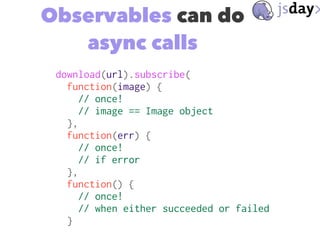 Observables can do
async calls
download(url).subscribe(
function(image) {
// once!
// image == Image object
},
function(er...