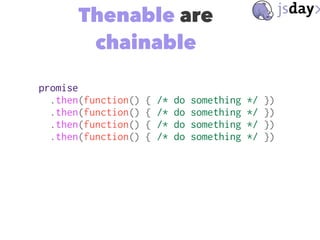 Thenable are
chainable
promise
.then(function() { /* do something */ })
.then(function() { /* do something */ })
.then(fun...
