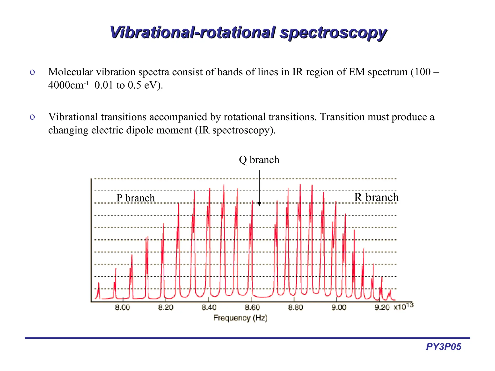 PY3P05
Vibrational-rotational spectroscopy
Vibrational-rotational spectroscopy
o Molecular vibration spectra consist of bands of lines in IR region of EM spectrum (100 –
4000cm-1
0.01 to 0.5 eV).
o Vibrational transitions accompanied by rotational transitions. Transition must produce a
changing electric dipole moment (IR spectroscopy).
P branch
Q branch
R branch
 