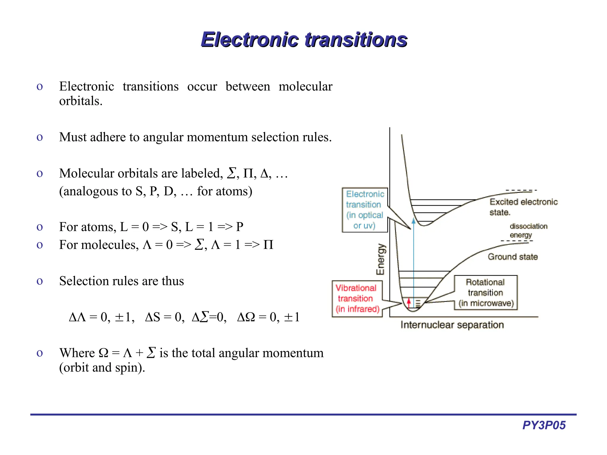 PY3P05
Electronic transitions
Electronic transitions
o Electronic transitions occur between molecular
orbitals.
o Must adhere to angular momentum selection rules.
o Molecular orbitals are labeled, , , , …
(analogous to S, P, D, … for atoms)
o For atoms, L = 0 => S, L = 1 => P
o For molecules,  = 0 => ,  = 1 => 
o Selection rules are thus
 = 0, 1, S = 0, =0,  = 0, 1
o Where  =  +  is the total angular momentum
(orbit and spin).
 
