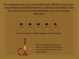 Sus composiciones son extremadamente difíciles de ejecutar,
con pomposos embellecimientos y adornos enredados, todas
las voces suenan simultáneamente y son de la misma
dificultad

no se reconoce en ellas ninguna voz principal

Las voces salen juntas de su
sitio, se separan en el camino y
se encuentran de nuevo en la
meta misma.

 