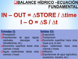 BALANCE HÍDRICO –ECUACIÓN
FUNDAMENTAL
Entradas (I):
Precipitación
Importaciones de agua (aguas
residuales, descargas de
hidroeléctricas, etc.)
Escorrentía superficial desde otras
cuencas u hoyas
Aguas subterráneas desde otras
cuencas u hoyas.
Salidas (O):
Evaporación
Transpiración
Escorrentía superficial hacia otras
hoyas (p.ej. el mar)
Agua subterránea hacia otras
cuencas u hoyas.
Infiltración
Exportaciones de agua (agricultura,
acueductos, industria, etc.)
 