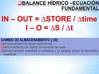 BALANCE HÍDRICO –ECUACIÓN
FUNDAMENTAL
CAMBIO DE ALMACENAMIENTO (∆S):
Almacenamiento de aguas subterráneas
Almacenamiento por cambio de humedad del suelo
Almacenamiento superficial en embalses y en canales; propia de escorrentía
superficial.
IN – OUT = ∆STORE / ∆time
I – O = ∆S / ∆t
 